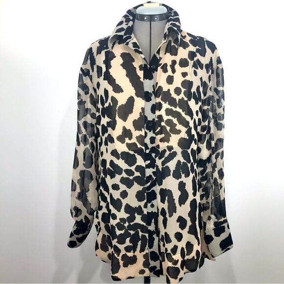 TopShop Tan Black Animal Print Semi Sheer Long Sleeve Button Up Tunic Blouse - Picture 1 of 16